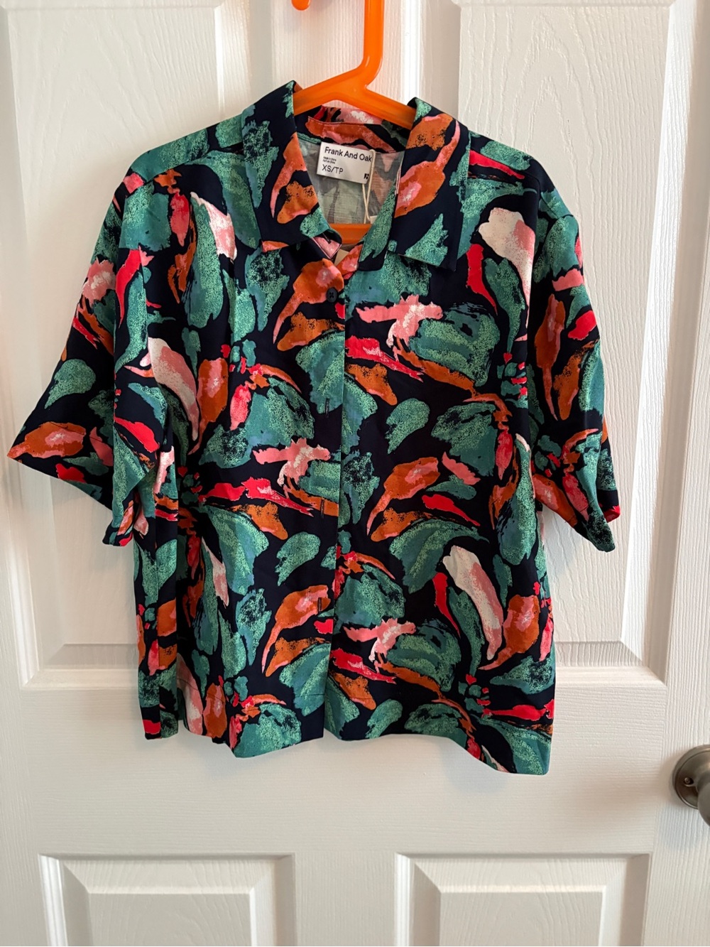 Frank & Oak Navy Button-Down Shirt with Green, Coral & Pink Abstract Print